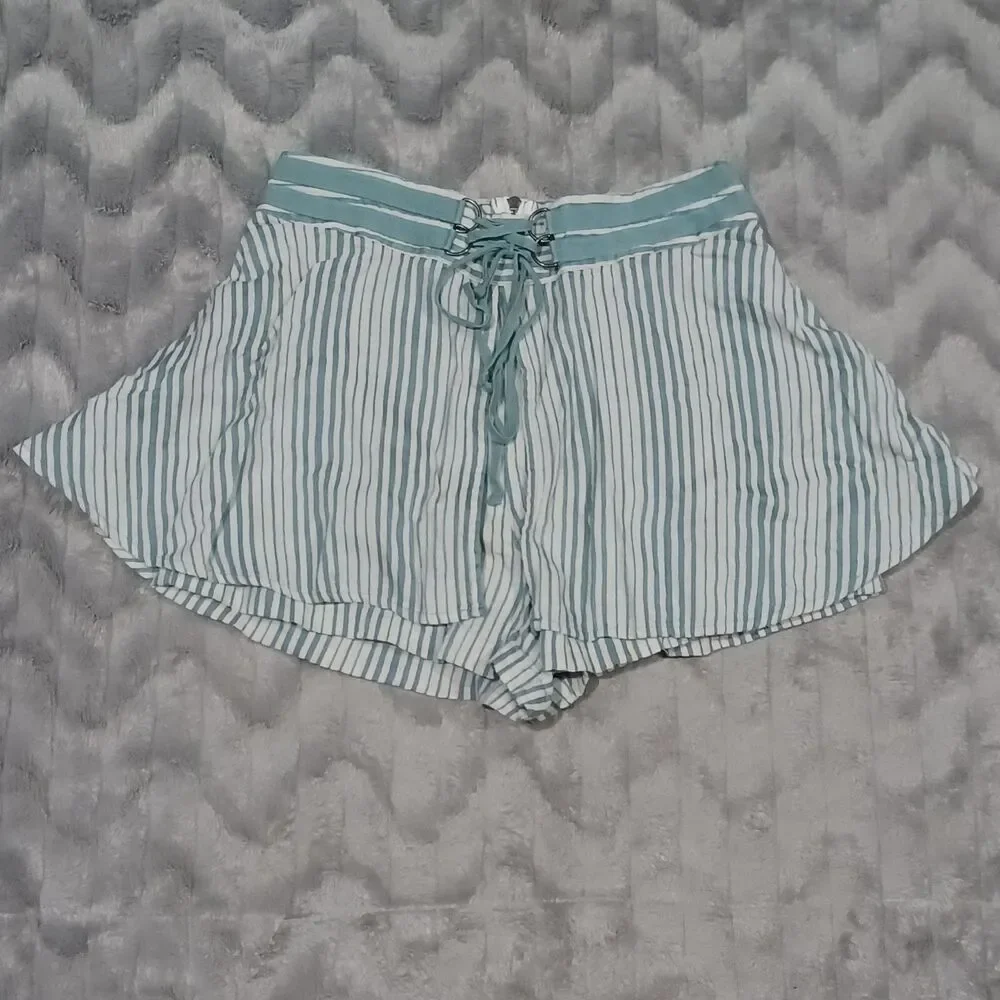 Free People Womens Size 4 Green White Striped Linen Blend Skort